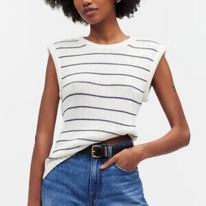 Madewell Puff-Trim Sweater Vest in Stripe Bright Ivory Size XS NWT
